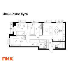 Планировка трехкомнатной(квартира) площадью 81.2 квадратных метров в ЖК “ЖК Ильинские луга”