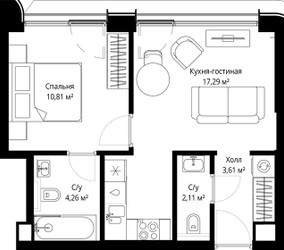Планировка однокомнатной(квартира) площадью 38.08 квадратных метров в ЖК “ЖК Сити Бэй”