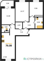 Планировка трехкомнатной(квартира) площадью 76.08 квадратных метров в “Ласточкино”