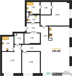 Планировка трехкомнатной(квартира) площадью 145.6 квадратных метров в ЖК “ЖК Коллекция Лужники”