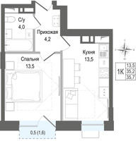 Планировка однокомнатной(квартира) площадью 35.2 квадратных метров в “ЖК КИНОКВАРТАЛ”