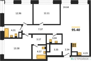 Планировка трехкомнатной(квартира) площадью 95.4 квадратных метров в “ЖК Собрание клубных домов West Garden (Вест Гарден)”