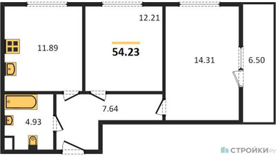 Планировка двухкомнатной(квартира) площадью 54.23 квадратных метров в ЖК “Жилые кварталы Новое Пушкино”