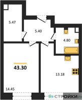 Планировка однокомнатной(квартира) площадью 43.3 квадратных метров в “ЖК Sezar City (Сезар Сити)”