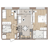 Планировка двухкомнатной(квартира) площадью 63.3 квадратных метров в “ЖК Гранд Комфорт”