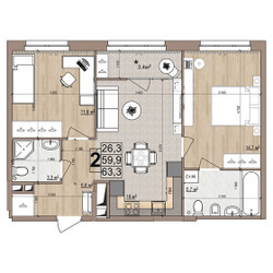 Планировка двухкомнатной(квартира) площадью 63.3 квадратных метров в ЖК “ЖК Гранд Комфорт”