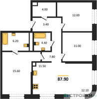 Планировка трехкомнатной(квартира) площадью 87.9 квадратных метров в “ЖК STONE Sokolniki (Сокольники)”