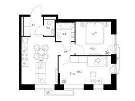 Планировка двухкомнатной(квартира) площадью 46.6 квадратных метров в “ЖК Саларьево парк”
