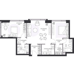 Планировка трехкомнатной(квартира) площадью 68.7 квадратных метров в ЖК “ЖК Hide (Хайд)”