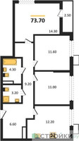 Планировка трехкомнатной(квартира) площадью 73.7 квадратных метров в “ЖК Деснаречье”