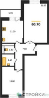 Планировка двухкомнатной(квартира) площадью 60.7 квадратных метров в “ЖК Школьный”