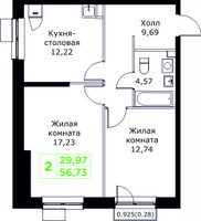 Планировка двухкомнатной(квартира) площадью 56.73 квадратных метров в “ЖК КИТ 2”