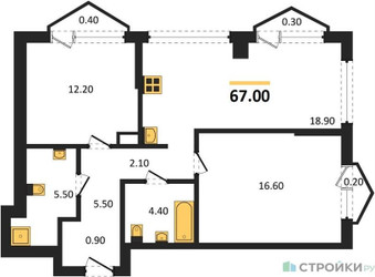 Планировка двухкомнатной(квартира) площадью 67 квадратных метров в ЖК “Акценты”