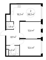 Планировка двухкомнатной(квартира) площадью 58.3 квадратных метров в “ЖК Переделкино Ближнее”