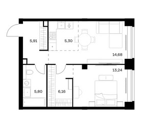 Планировка однокомнатной(квартира) площадью 51.09 квадратных метров в ЖК “ЖК НОВА”