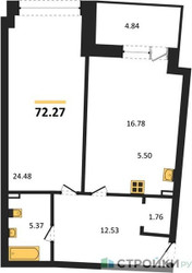Планировка однокомнатной(апартаменты) площадью 72.27 квадратных метров в ЖК “ЖК Маршал”