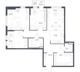 Планировка трехкомнатной(квартира) площадью 90.35 квадратных метров в ЖК “ЖК Остафьево”