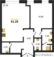 Планировка однокомнатной(квартира) площадью 61.2 квадратных метров в “ЖК Nicole (Николь)”