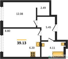 Планировка однокомнатной(квартира) площадью 39.13 квадратных метров в “ЖК Одинград. Квартал Семейный”