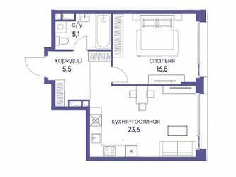 Планировка однокомнатной(квартира) площадью 51.02 квадратных метров в ЖК “ЖК Остров”
