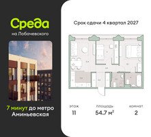 Планировка двухкомнатной(квартира) площадью 54.7 квадратных метров в “ЖК Среда на Лобачевского”