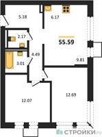 Планировка двухкомнатной(квартира) площадью 55.59 квадратных метров в “ЖК Егорово Парк”