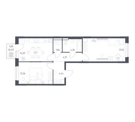 Планировка двухкомнатной(квартира) площадью 60.6 квадратных метров в ЖК “ЖК Новое Видное”