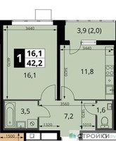 Планировка однокомнатной(квартира) площадью 42.2 квадратных метров в “ЖК 1-й Южный (Первый Южный)”