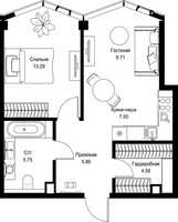 Планировка однокомнатной(квартира) площадью 46.67 квадратных метров в “Дом премиум-класса МИРА”