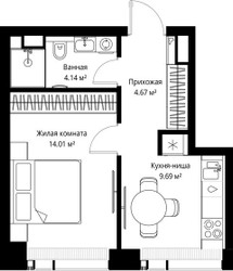 Планировка однокомнатной(квартира) площадью 32.51 квадратных метров в ЖК “ЖК Веер”