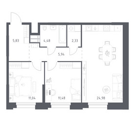 Планировка двухкомнатной(апартаменты) площадью 66.08 квадратных метров в ЖК “ЖК Апарт-отель Тропарево парк”