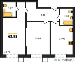 Планировка двухкомнатной(квартира) площадью 63.95 квадратных метров в “ЖК Бархат”