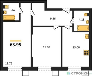 Планировка двухкомнатной(квартира) площадью 63.95 квадратных метров в ЖК “ЖК Бархат”