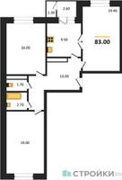 Планировка трехкомнатной(квартира) площадью 84.1 квадратных метров в “ЖК Три квартала”