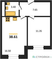 Планировка однокомнатной(квартира) площадью 38.61 квадратных метров в “ЖК Радость (Радумля Парк)”