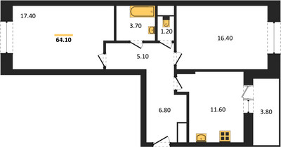 Планировка двухкомнатной(квартира) площадью 64.1 квадратных метров в ЖК “ЖК Эдельвейс (Первомайское)”