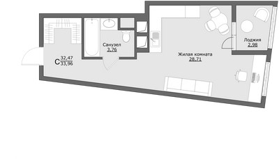 Планировка однокомнатной(квартира) площадью 34 квадратных метров в ЖК “ЖК Клевер”