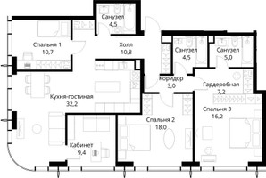 Планировка трехкомнатной(квартира) площадью 121.5 квадратных метров в “ЖК Сити Бэй”