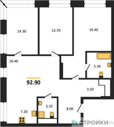Планировка трехкомнатной(квартира) площадью 92.9 квадратных метров в ЖК “ЖК Мираполис”