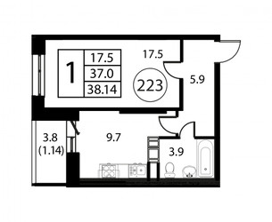 Планировка однокомнатной(квартира) площадью 38.1 квадратных метров в ЖК “ЖК Космос”