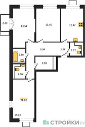 Планировка трехкомнатной(квартира) площадью 78.42 квадратных метров в ЖК “ЖК Томилино Парк”