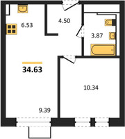 Планировка однокомнатной(квартира) площадью 34.63 квадратных метров в “ЖК Квартал Сабурово”