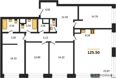 Планировка 4+ комнате(квартира) площадью 125.5 квадратных метров в “ЖК Собрание клубных домов West Garden (Вест Гарден)”