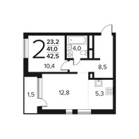 Планировка двухкомнатной(квартира) площадью 42.5 квадратных метров в “Новые Ватутинки. Заречный”