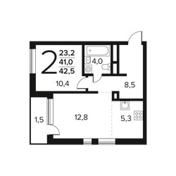 Планировка двухкомнатной(квартира) площадью 42.5 квадратных метров в ЖК “Новые Ватутинки. Заречный”