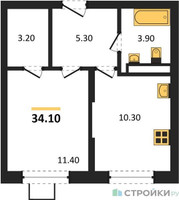 Планировка однокомнатной(квартира) площадью 34.1 квадратных метров в “ЖК Видный берег 2”