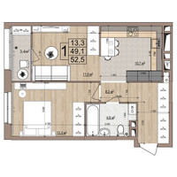 Планировка однокомнатной(квартира) площадью 52.5 квадратных метров в “ЖК Гранд Комфорт”