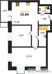 Планировка двухкомнатной(квартира) площадью 52.6 квадратных метров в ЖК “ЖК Союзный”