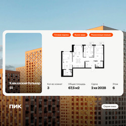 Планировка трехкомнатной(квартира) площадью 67.5 квадратных метров в ЖК “ЖК Кавказский бульвар 51”