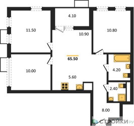 Планировка трехкомнатной(квартира) площадью 65.5 квадратных метров в ЖК “ЖК Скандинавия”